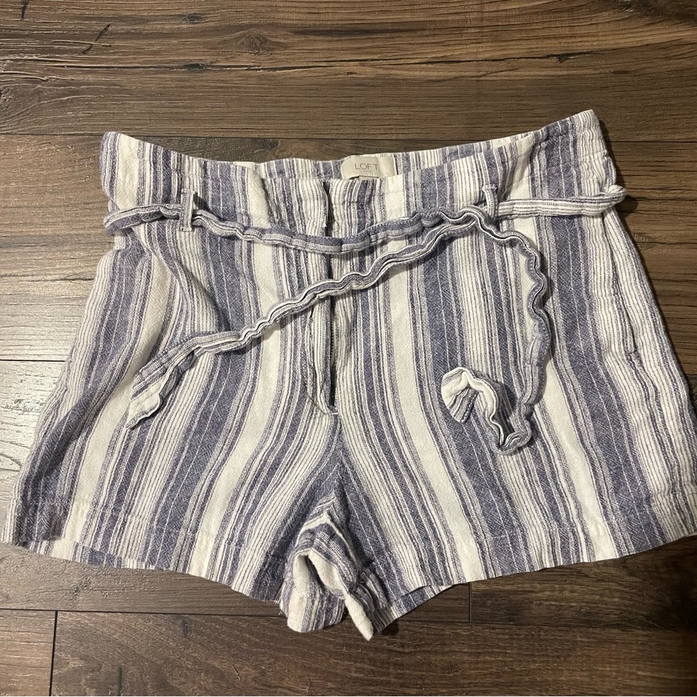 LOFT Blue and White Striped High-Waist Linen-Blend Shorts